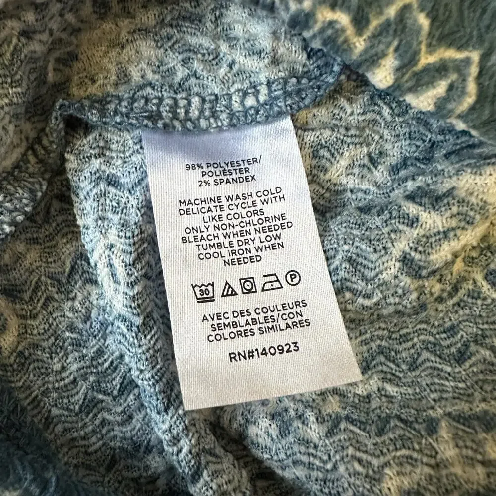 LOFT Blouse Blue Floral Crinkle Knit Split Neck Puff Sleeve Boho NWT